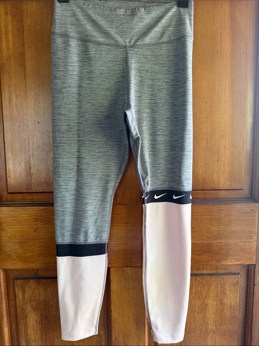 Nike Grey Heather and Light Pink Girls' Athletic Leggings with Black Swoosh Band